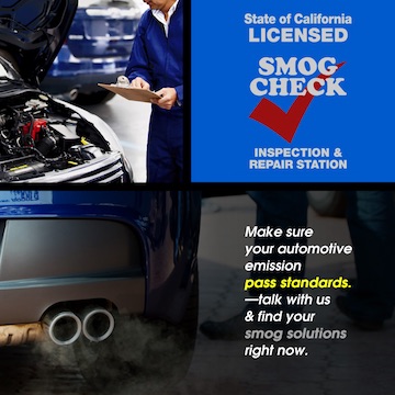 Smog Check advertisement with two photos of a car engine and exhaust with printed words: Make sure your automotive emission pass standards. Talk with us and find your smog solutions right now.