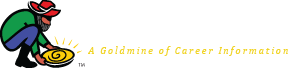 Eureka Logo, Cartoon drawing of miner hunched over panning for gold with text in white, Eureka, then below, text in yellow or gold, A Goldmine of Career Information.