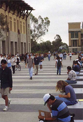 students walking down main campus path