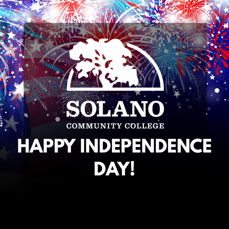 Happy Independence Day with the Solano logo in white over a blue background  with red stars left and right of the text.
