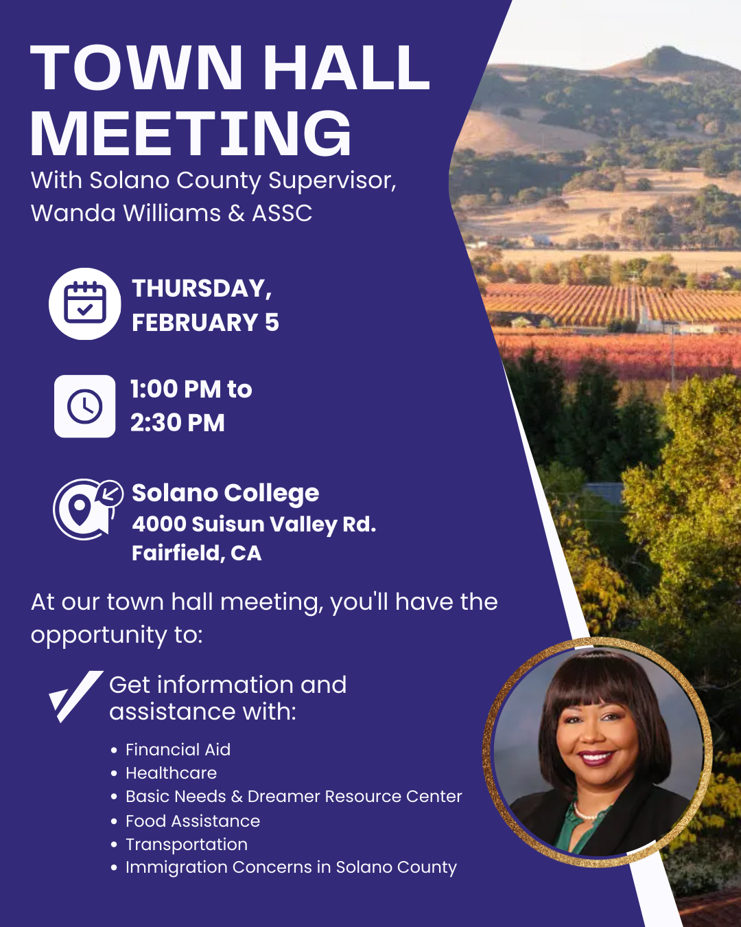 TownHall Feb 5 1:00 PM Solano Community Fairfield Campus - Theater Building