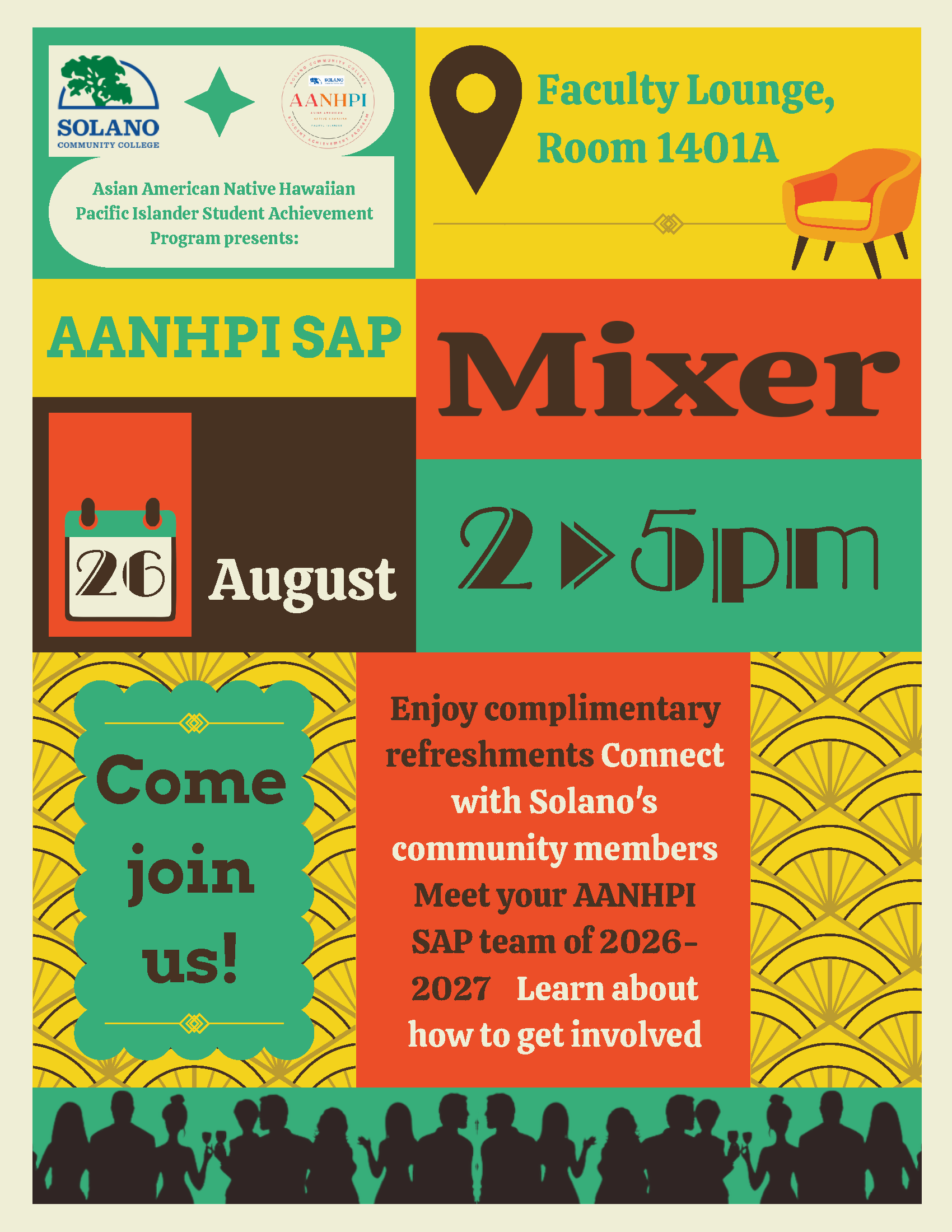 Meet your AANHPI SAP team for 2026-2027 flyer with images of blocks of colors like red and black, and yellow with the information above it