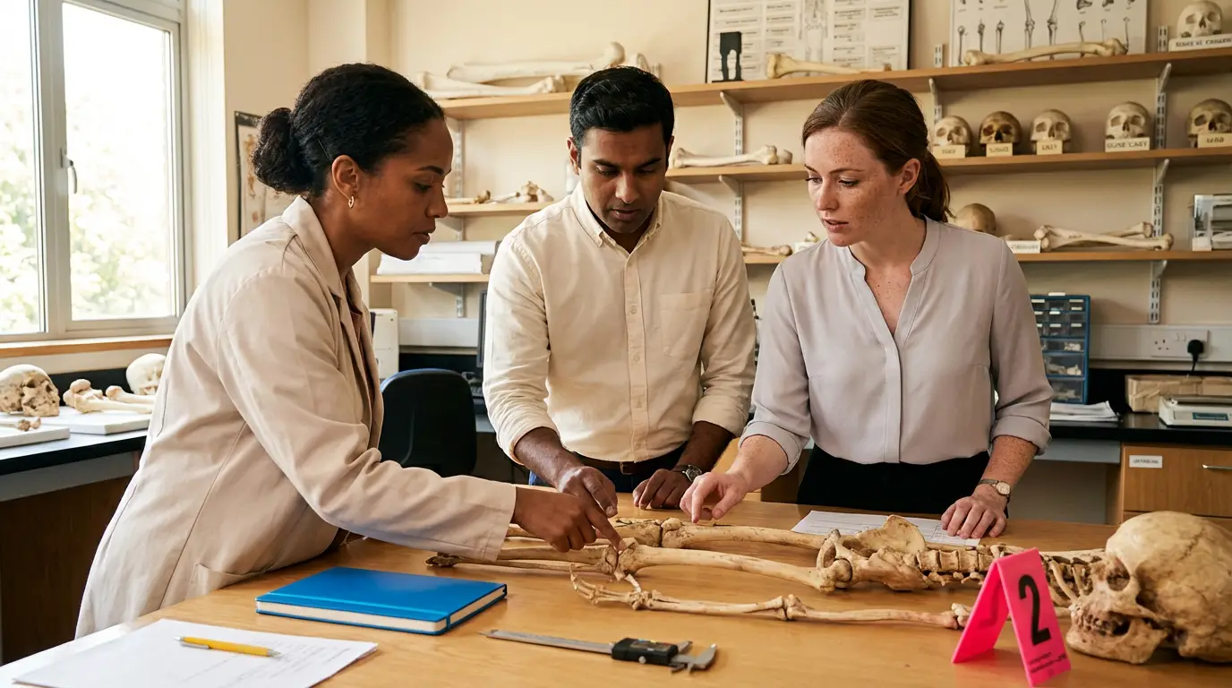 Three people examining a skelaton in a room with skulls on a shelf behind them