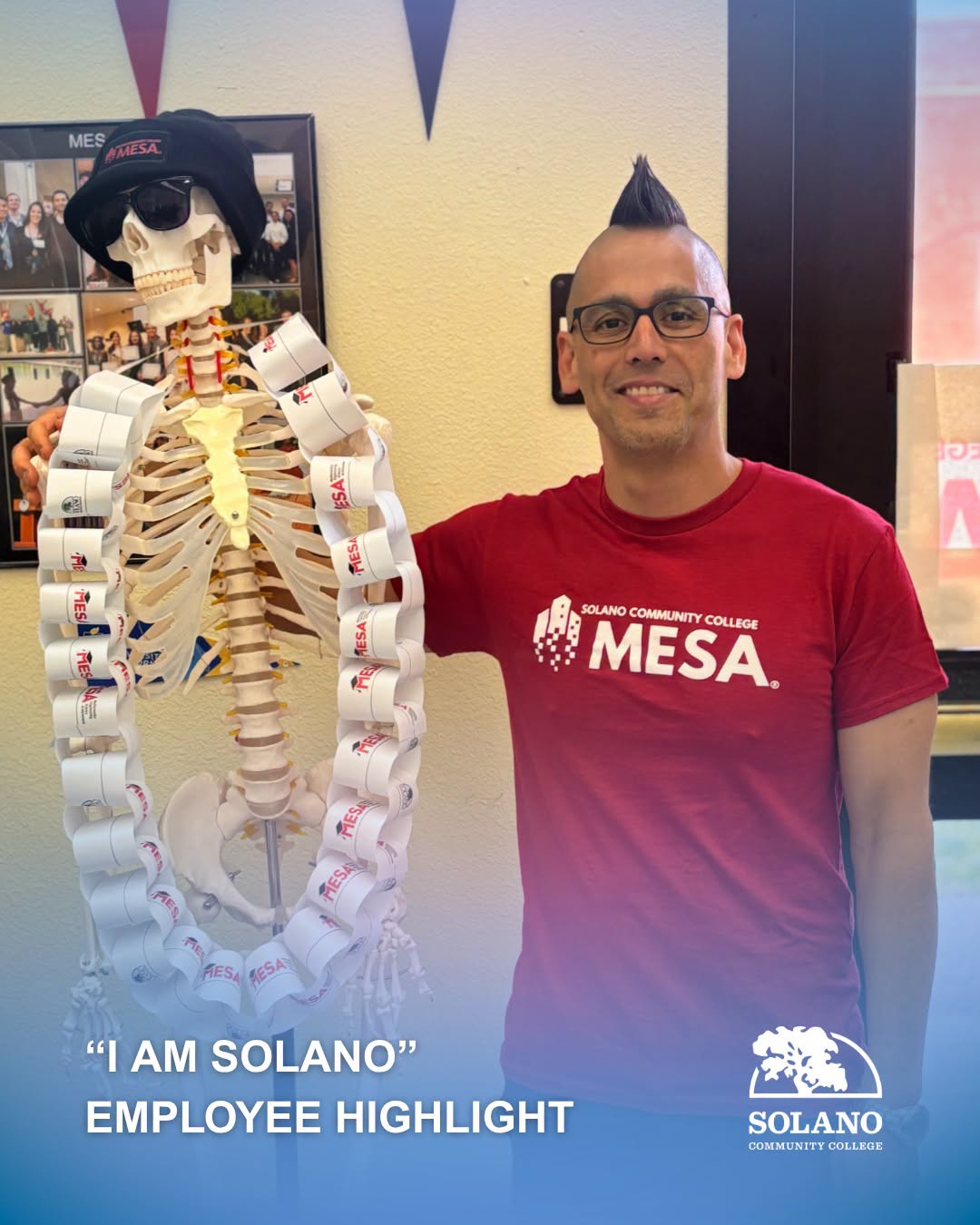 Commodore standing next to a skeleton, both swagged out in MESA gear