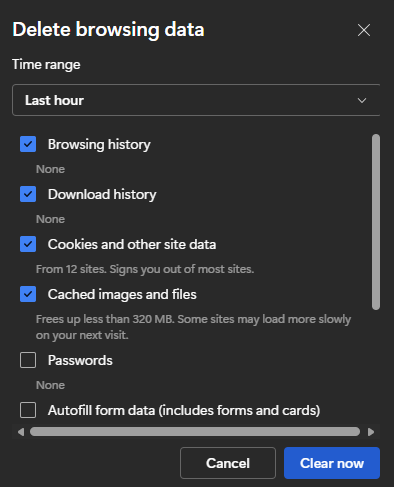 Microsoft Edge “Delete browsing data” dialog with the Last hour time range selected. Checkboxes for Browsing history, Download history, Cookies and other site data, and Cached images and files are checked, with additional options below, and Cancel and Clear now buttons at the bottom.
