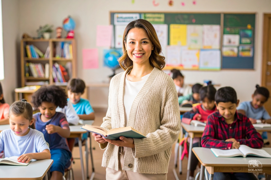 elementary teacher with class behind them