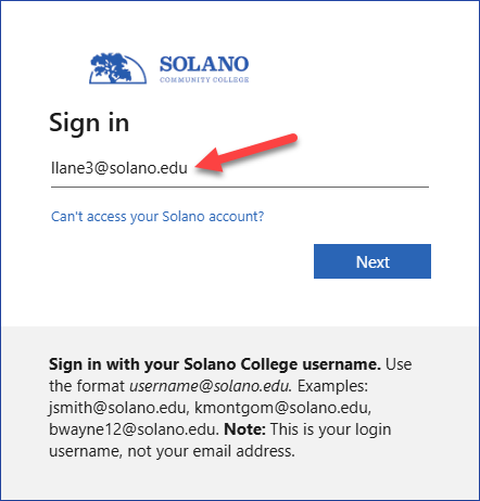 Solano College sign-in screen showing the username entered as llane3@solano.edu.
